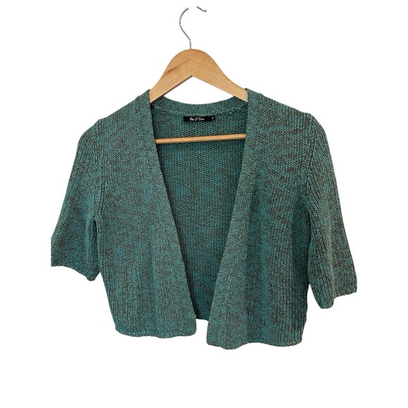 Nic + Zoe Short Sleeve Cropped Sweater Sz M Turquoise Blue Gray Open Front Shrug - Picture 1 of 4